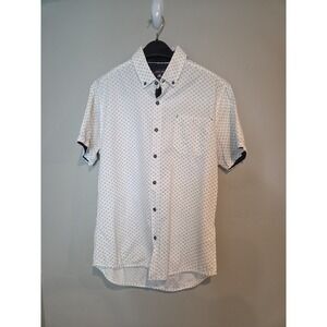 Level Ten Mens Small White Geometric Print Short Sleeve Button Down Shirt Modern